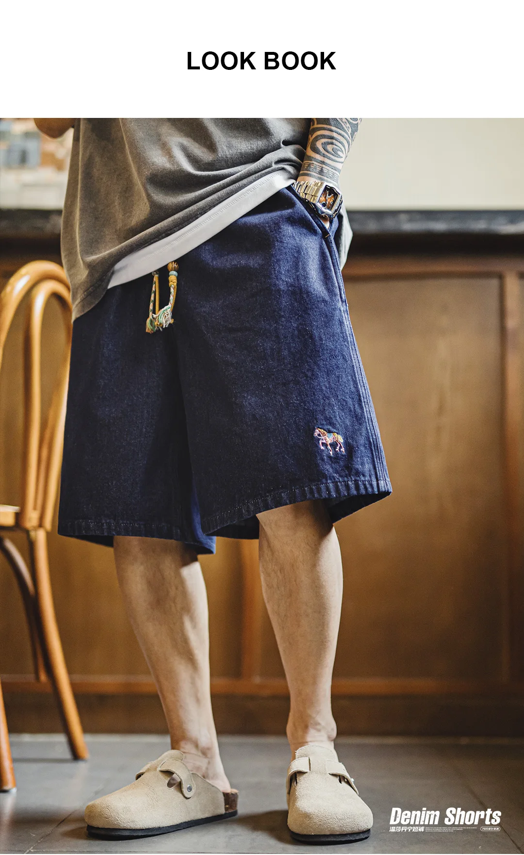 Maden Men's Washed Denim Blue Jean Shorts American Retro Workwear Embroidered Straight Five Inch Thin Casual Summer Bottoms