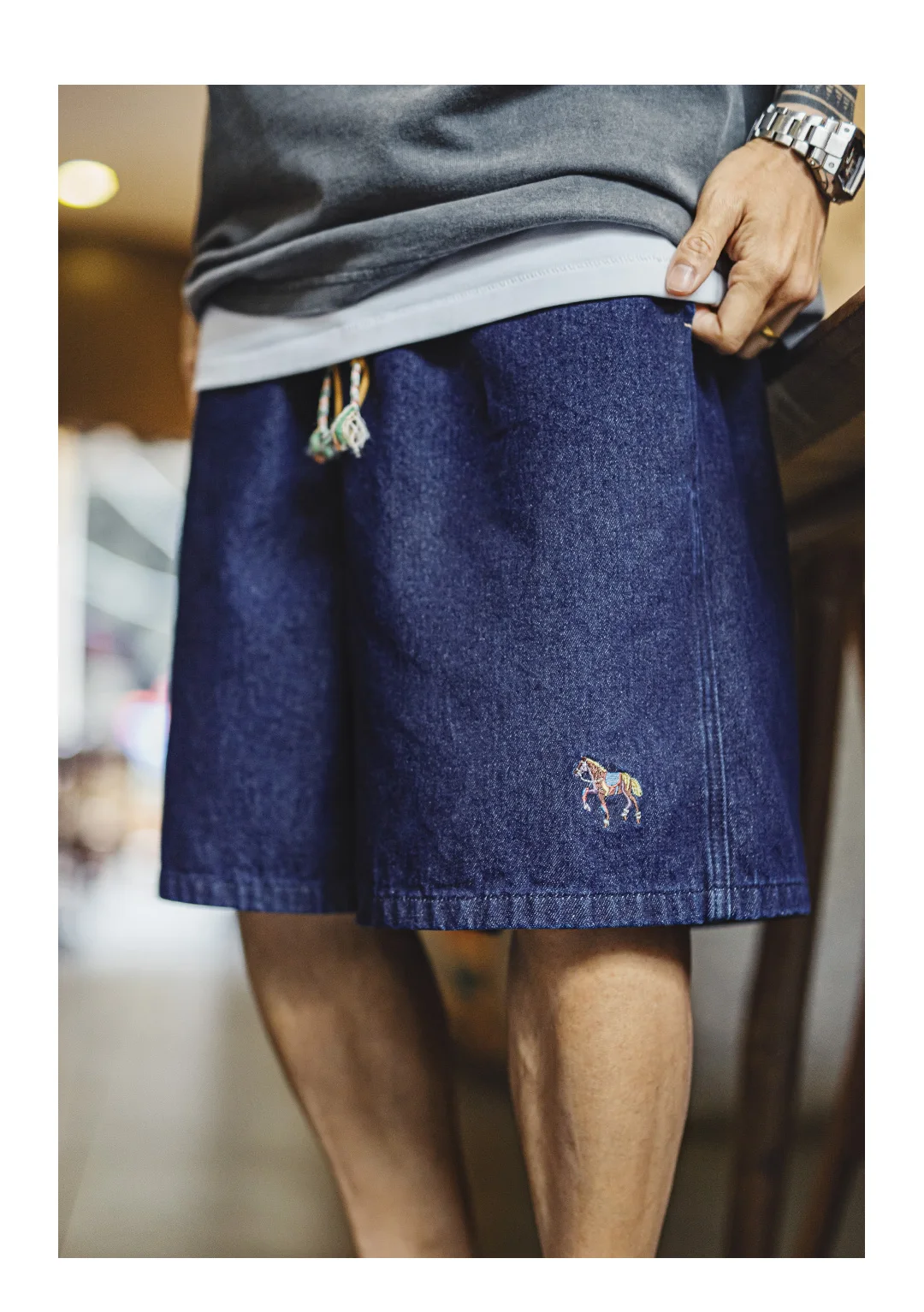 Maden Men's Washed Denim Blue Jean Shorts American Retro Workwear Embroidered Straight Five Inch Thin Casual Summer Bottoms