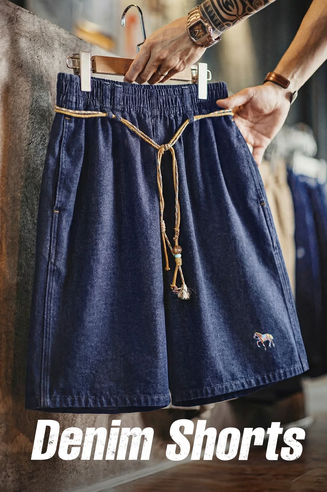Maden Men's Washed Denim Blue Jean Shorts American Retro Workwear Embroidered Straight Five Inch Thin Casual Summer Bottoms