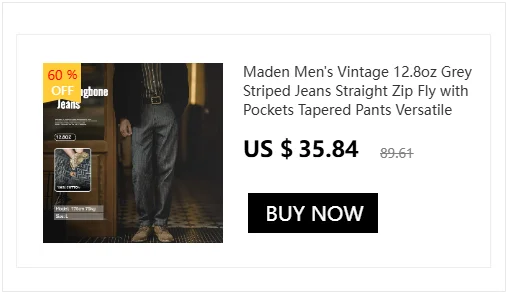 Maden Men's Vintage 12.8oz Grey Striped Jeans Straight Zip Fly with Pockets Tapered Pants Versatile Herringbone Cotton Trousers