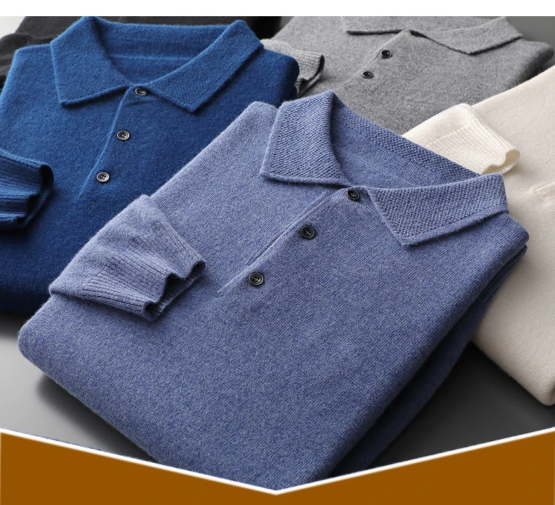 Autumn and Winter New 100% Pure Wool Sweater Men's POLOL Neck Sweater Lapel Button Cashmere Sweater Business Knitting Bottoming