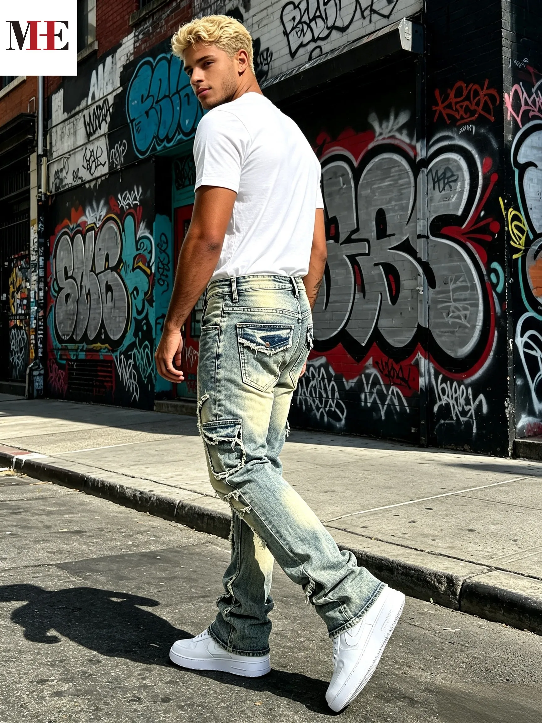 HME Men's Vintage Denim Pants, Stacked Ripped Flared Jeans with Layered Frayed Stitching