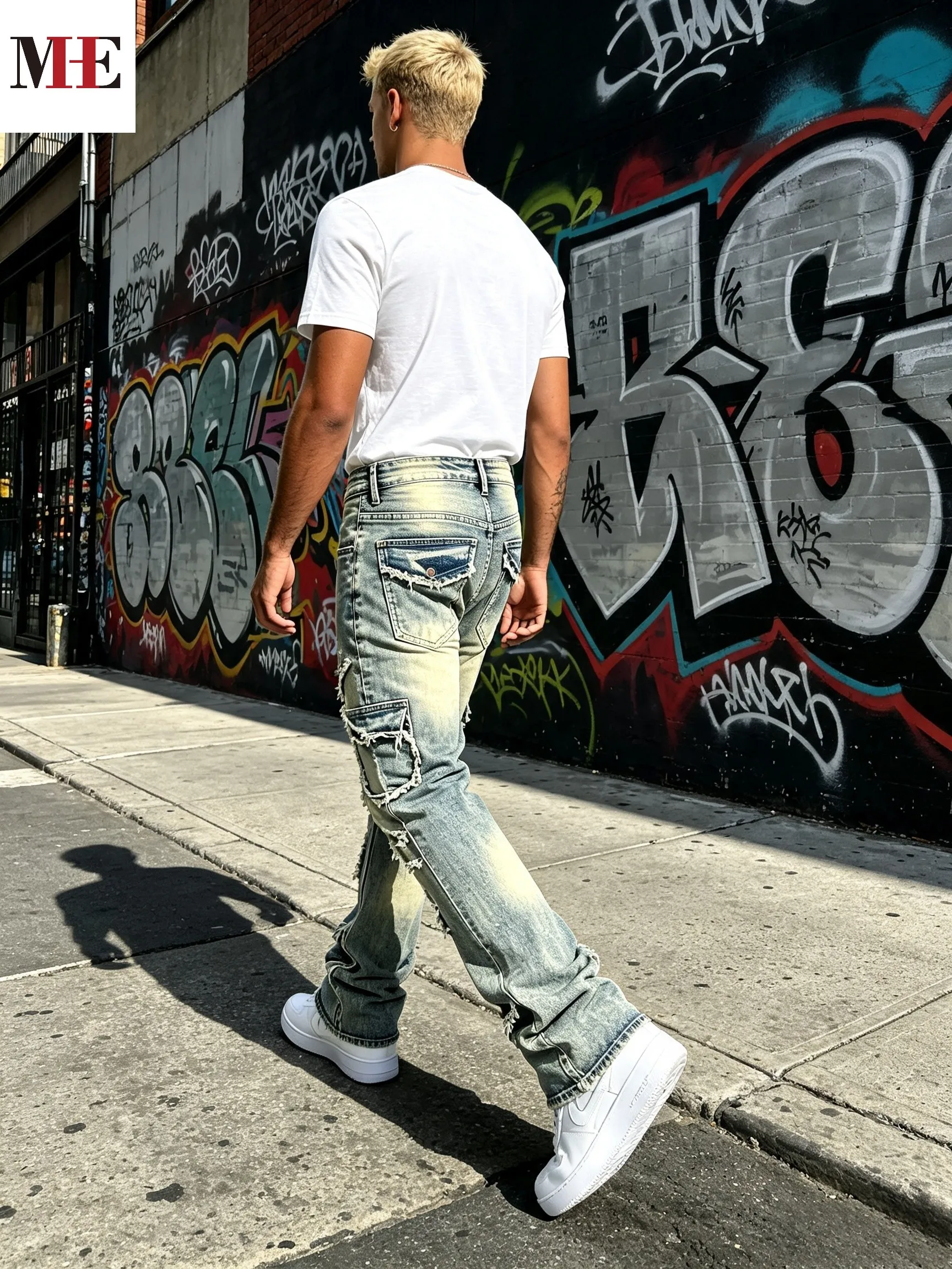 HME Men's Vintage Denim Pants, Stacked Ripped Flared Jeans with Layered Frayed Stitching