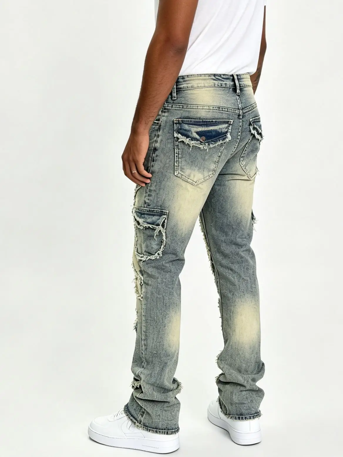 HME Men's Vintage Denim Pants, Stacked Ripped Flared Jeans with Layered Frayed Stitching