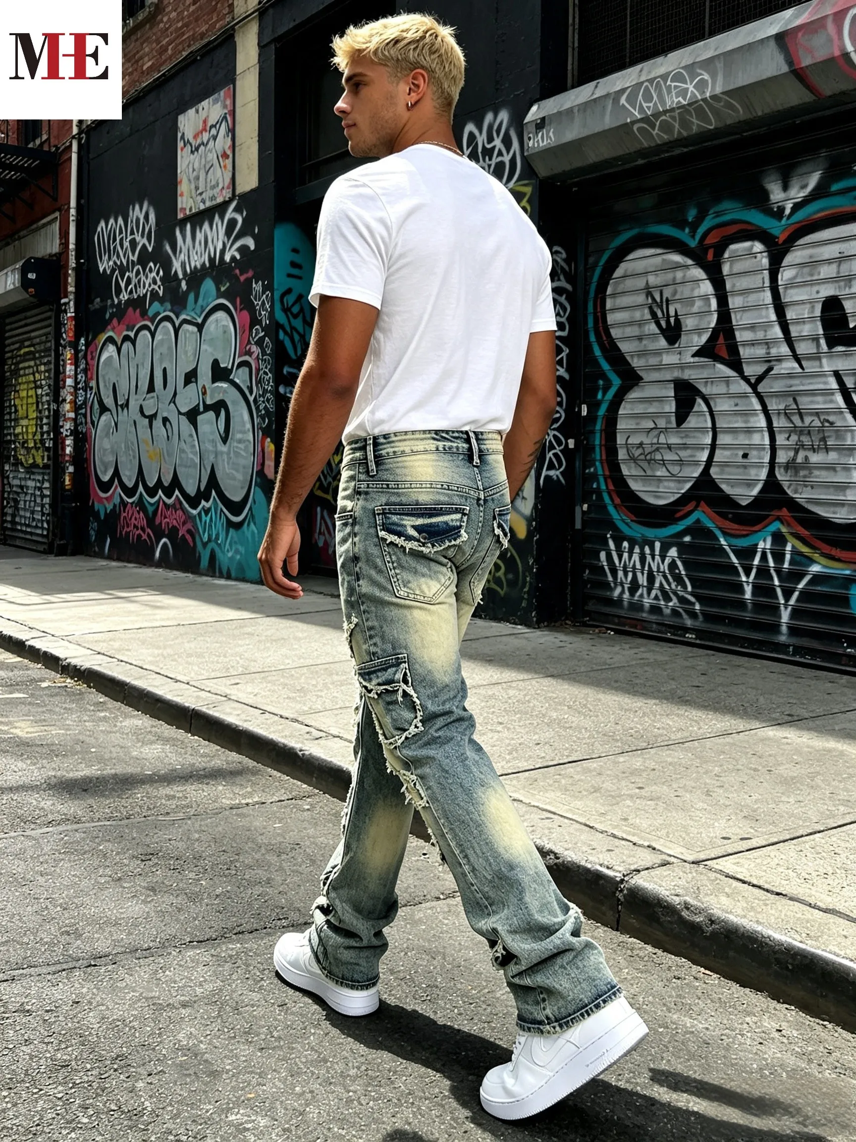HME Men's Vintage Denim Pants, Stacked Ripped Flared Jeans with Layered Frayed Stitching