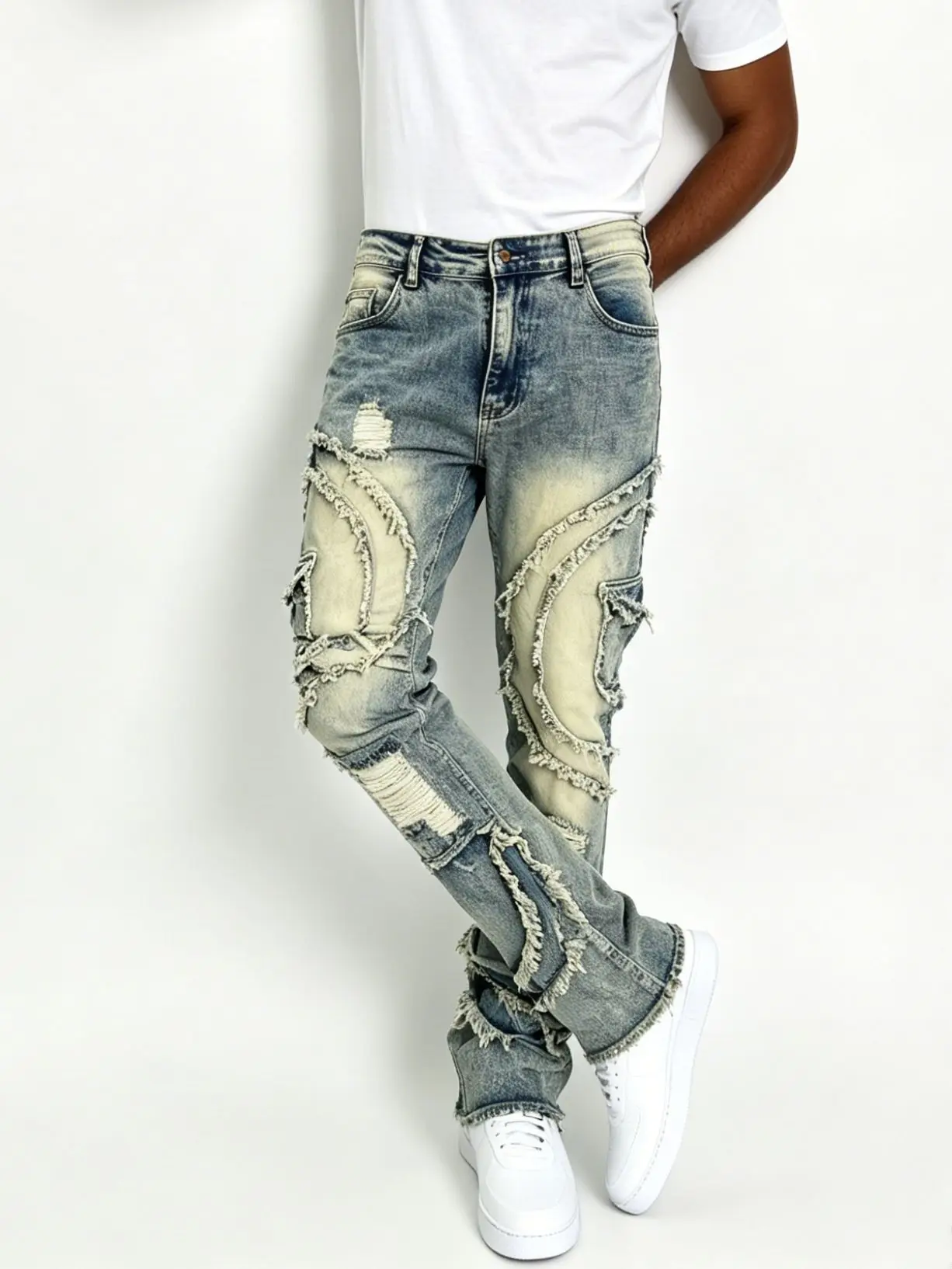 HME Men's Vintage Denim Pants, Stacked Ripped Flared Jeans with Layered Frayed Stitching