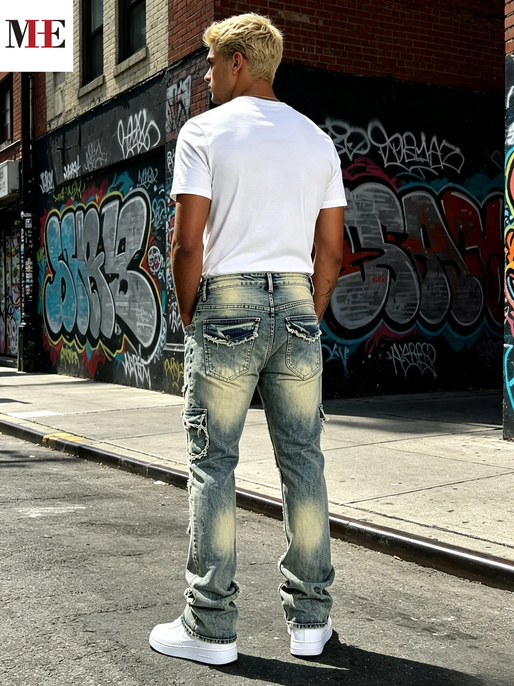 HME Men's Vintage Denim Pants, Stacked Ripped Flared Jeans with Layered Frayed Stitching