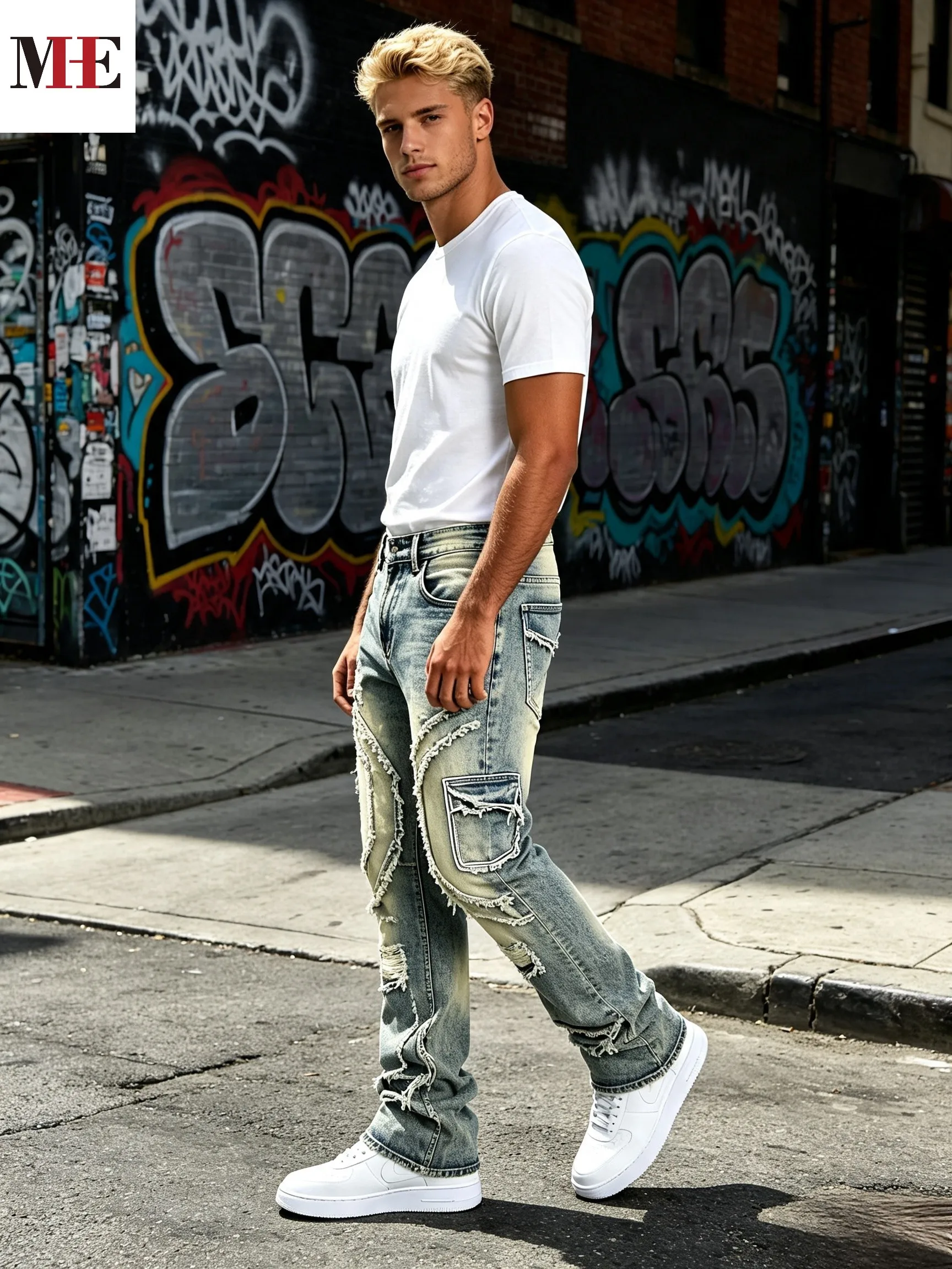 HME Men's Vintage Denim Pants, Stacked Ripped Flared Jeans with Layered Frayed Stitching