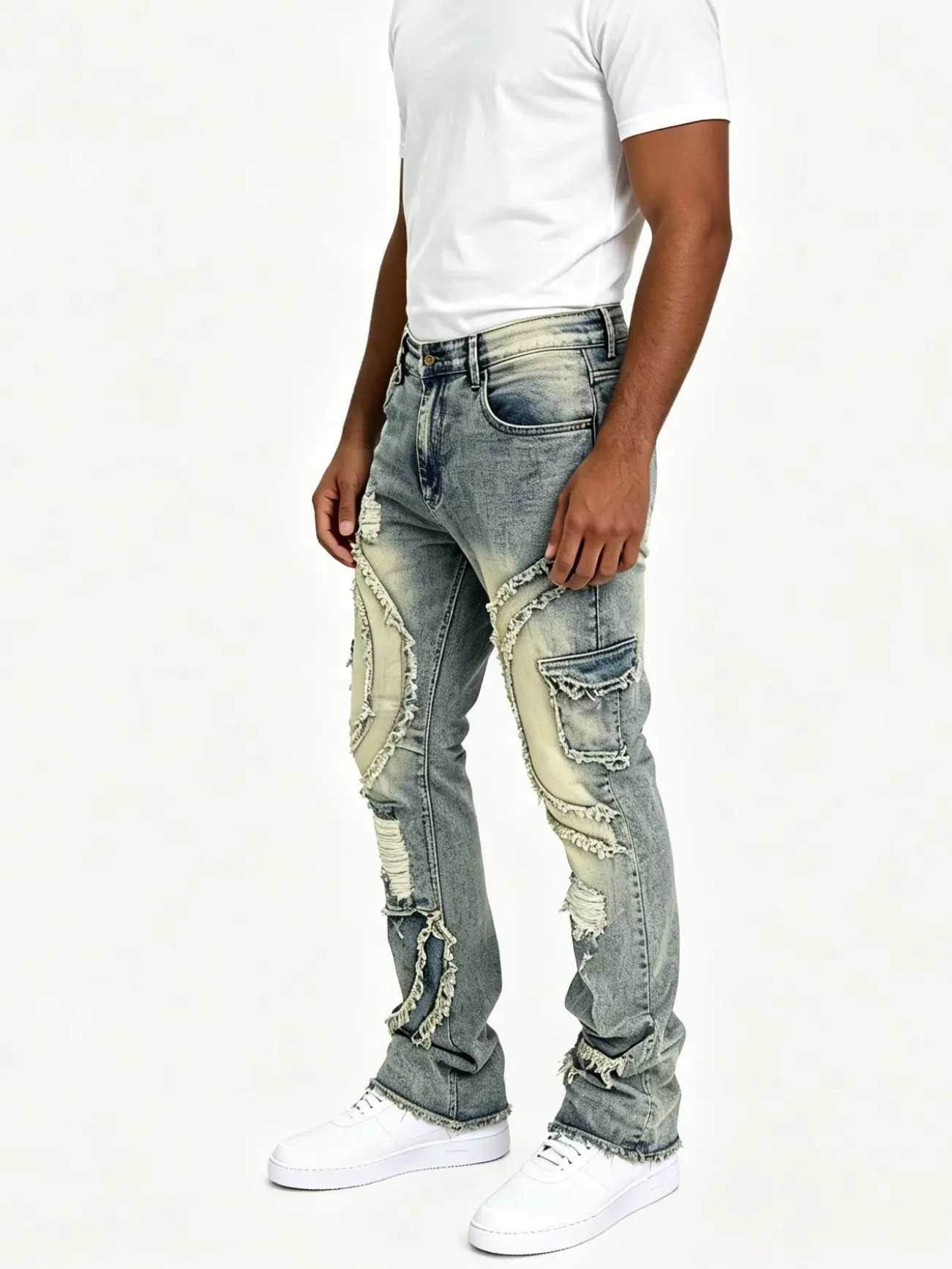HME Men's Vintage Denim Pants, Stacked Ripped Flared Jeans with Layered Frayed Stitching