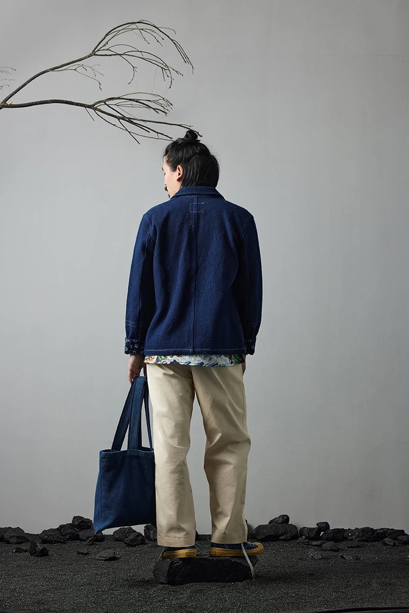 Vintage Indigo Jacket Men French Workwear Cargo Tooling Jacket Autumn Winter Blue Dyed Kendo Fabric Multi-pocket Cardigan Coat