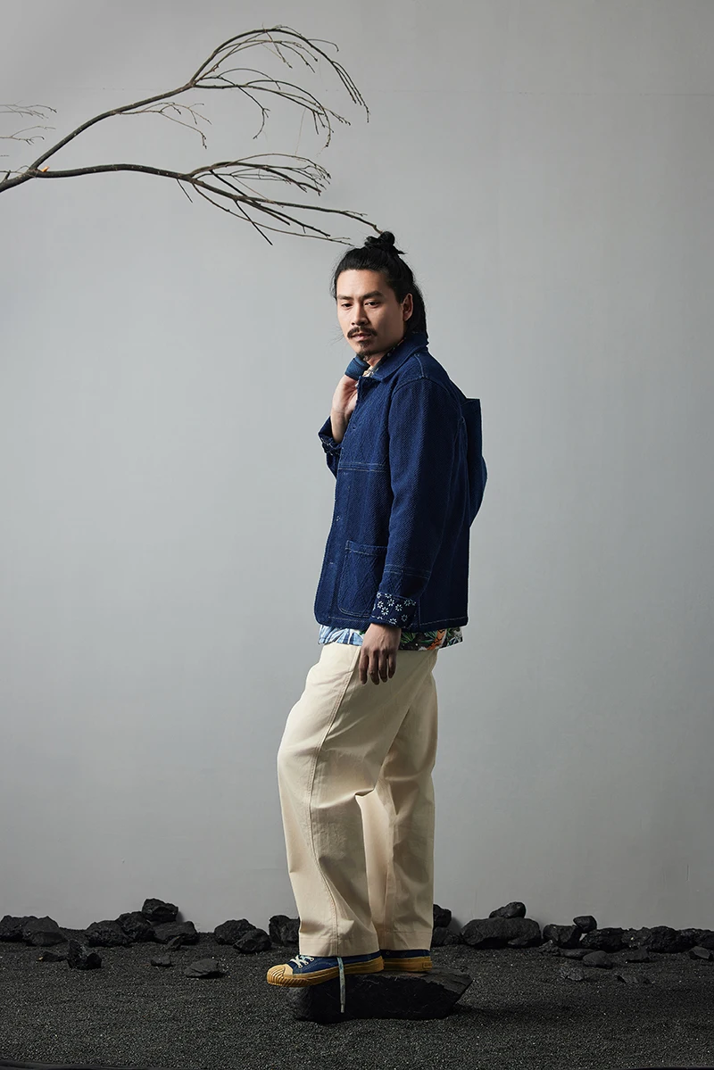Vintage Indigo Jacket Men French Workwear Cargo Tooling Jacket Autumn Winter Blue Dyed Kendo Fabric Multi-pocket Cardigan Coat