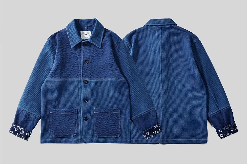 Vintage Indigo Jacket Men French Workwear Cargo Tooling Jacket Autumn Winter Blue Dyed Kendo Fabric Multi-pocket Cardigan Coat