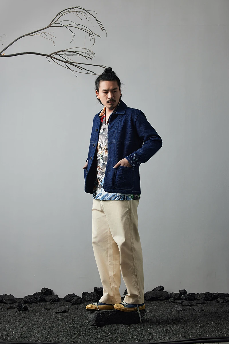 Vintage Indigo Jacket Men French Workwear Cargo Tooling Jacket Autumn Winter Blue Dyed Kendo Fabric Multi-pocket Cardigan Coat