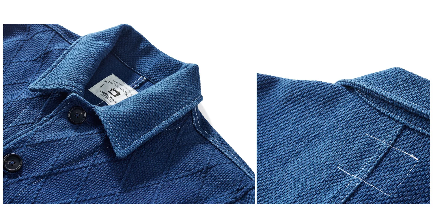 Vintage Indigo Jacket Men French Workwear Cargo Tooling Jacket Autumn Winter Blue Dyed Kendo Fabric Multi-pocket Cardigan Coat