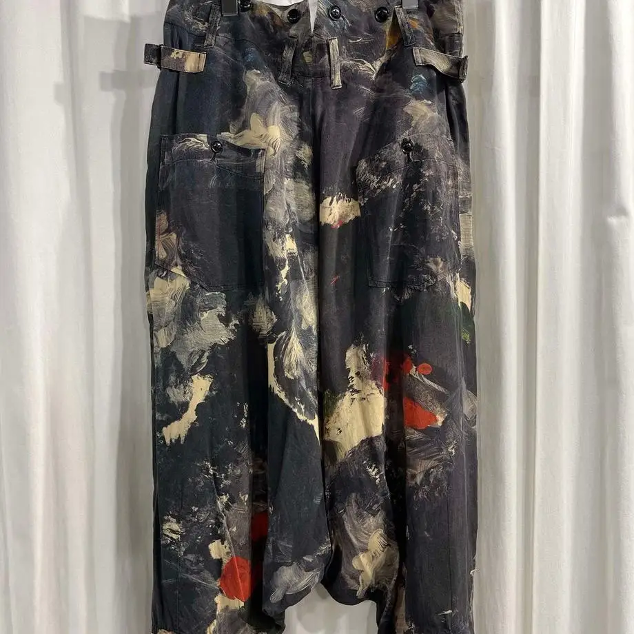 TOP-YAMAMOTO ® Printed Casual Pants for Women - Loose Fit with Wide Cuffs - Black Tie-Dye - Retro Style