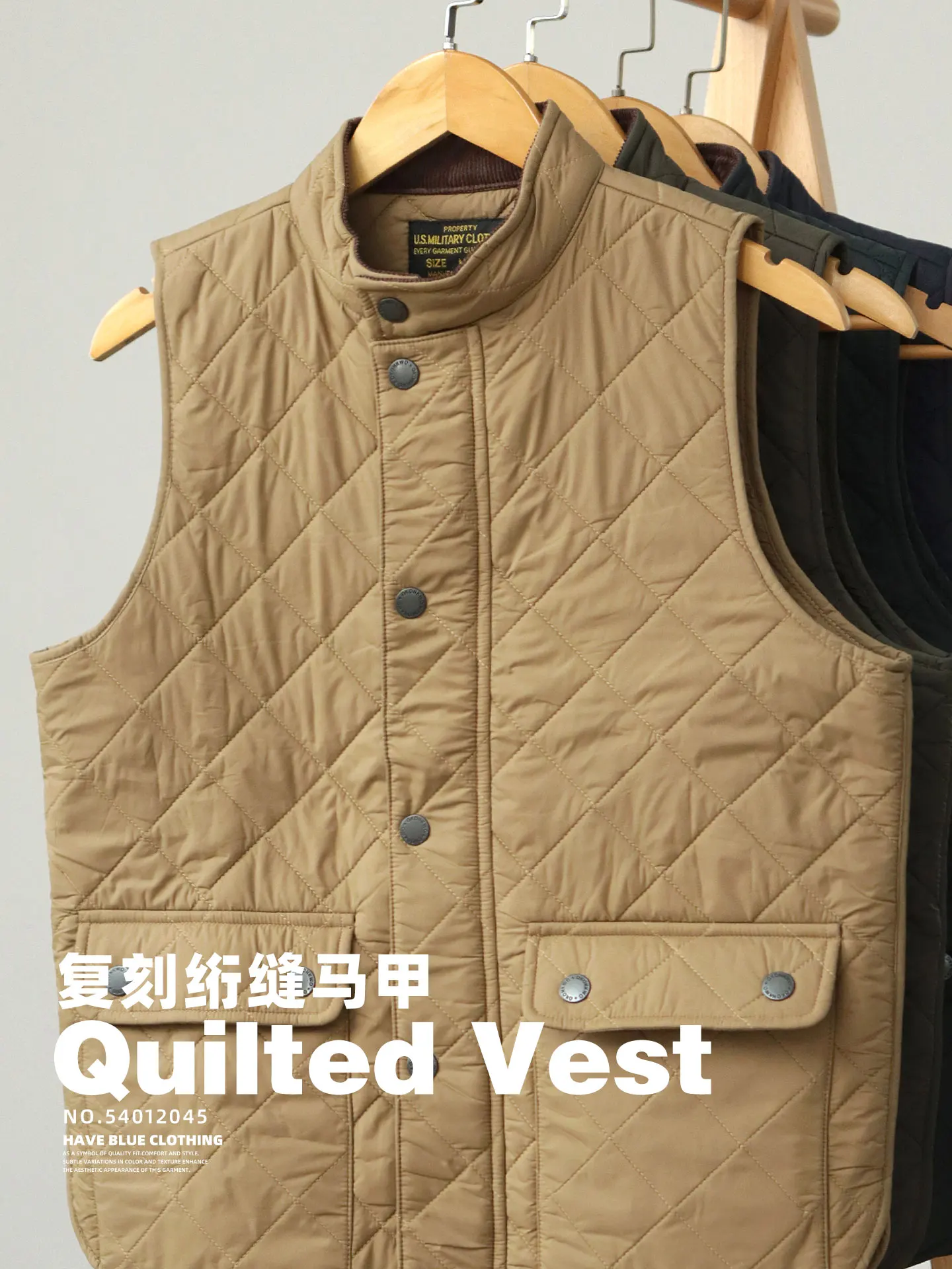 2026 Winter New American Retro Long Sleeve Dom Quilted Vest Men's Polo Style 100% Polyester Thick Casual Multi-pocket Jacket