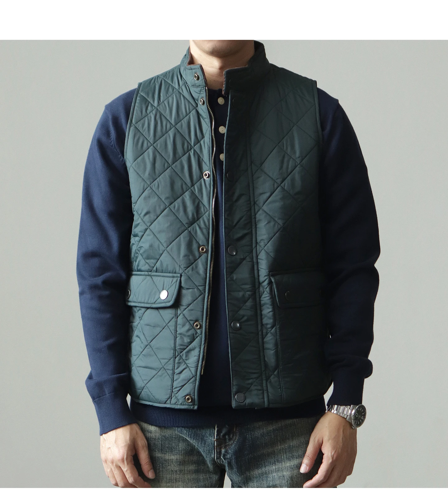 2026 Winter New American Retro Long Sleeve Dom Quilted Vest Men's Polo Style 100% Polyester Thick Casual Multi-pocket Jacket