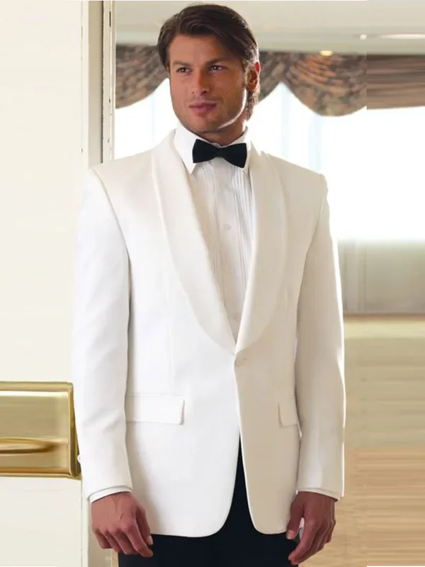 2 Pieces Ivory Men's Groom Tuxedos Shawl Lapel One Button Blazer Black Pants Business Tuxedo Formal Suit for Men Jacket Trousers