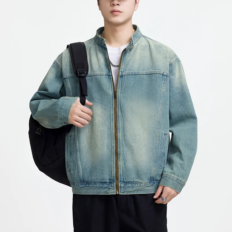 Men's Casual Non-Stretch Denim Jacket High Street Style Zipper Loose Workwear Jacket Plus Size Trendy Streetwear Top