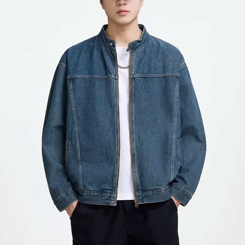 Men's Casual Non-Stretch Denim Jacket High Street Style Zipper Loose Workwear Jacket Plus Size Trendy Streetwear Top