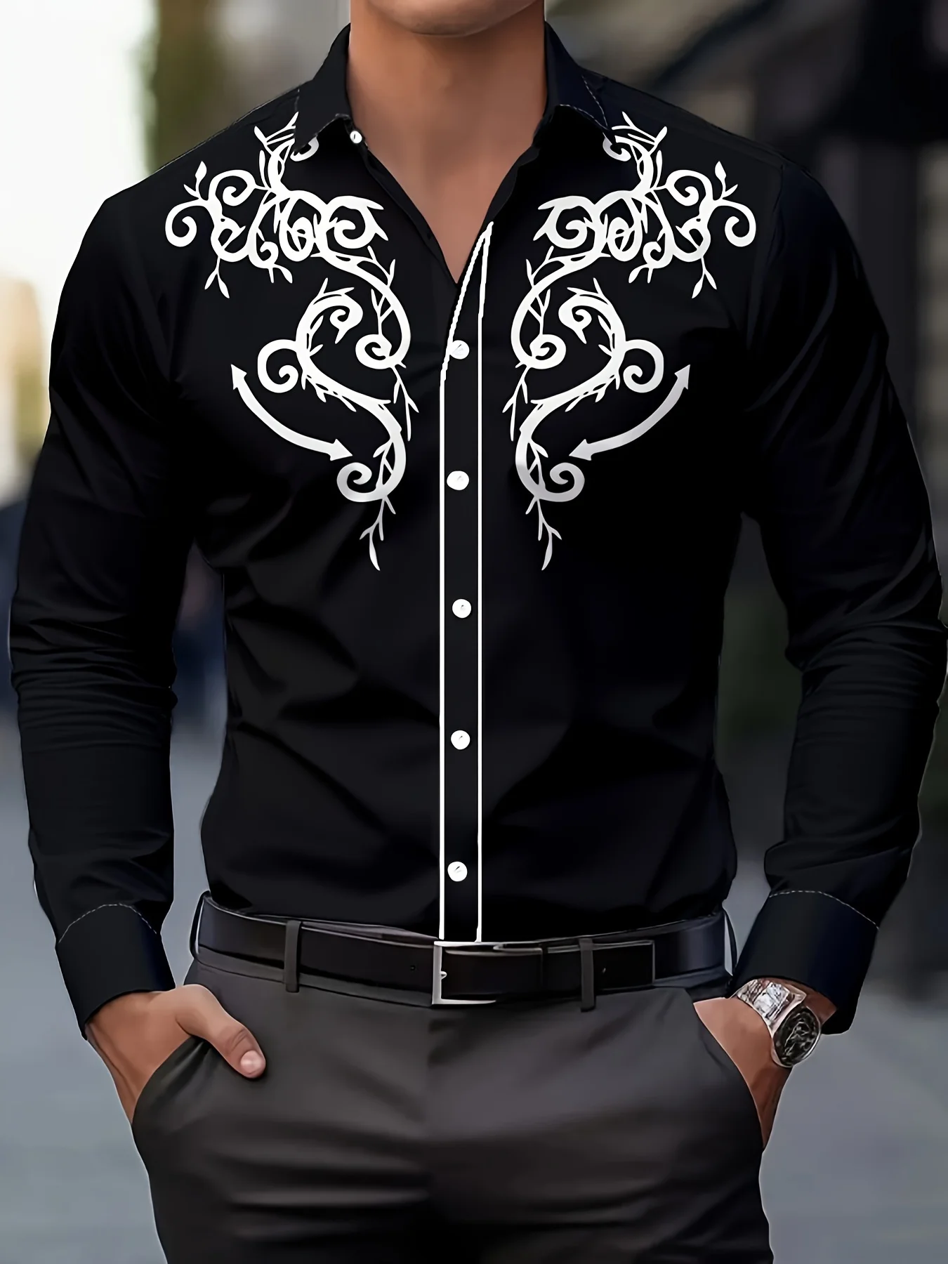Men's Fashion Floral Print Shirt, Casual Breathable Lapel Button Long Sleeve Shirt for Spring Men’s Clothing Men's Formal shirt