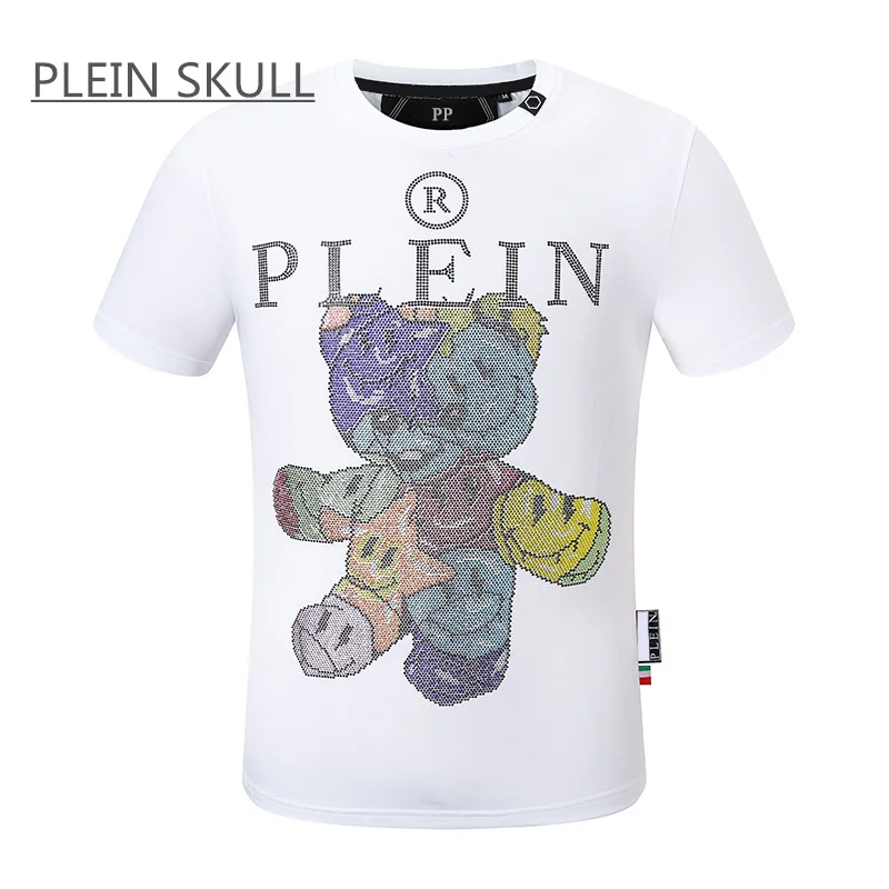 PLEIN SKULL Men's T-shirt Cotton Classic Retro Punk Short Sleeve Top Bear Printed Casual Round Unisex Sports Luxury Neck Tee