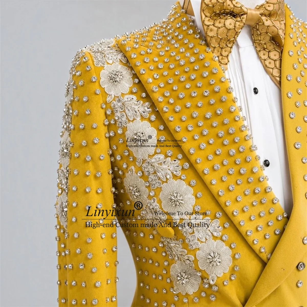 Fashion 3D Floars Men Suits With Diamond Beaded Groom Male Blazers 2 Pieces Sets Wedding Tuxedos Slim Fit ropa hombre Customized