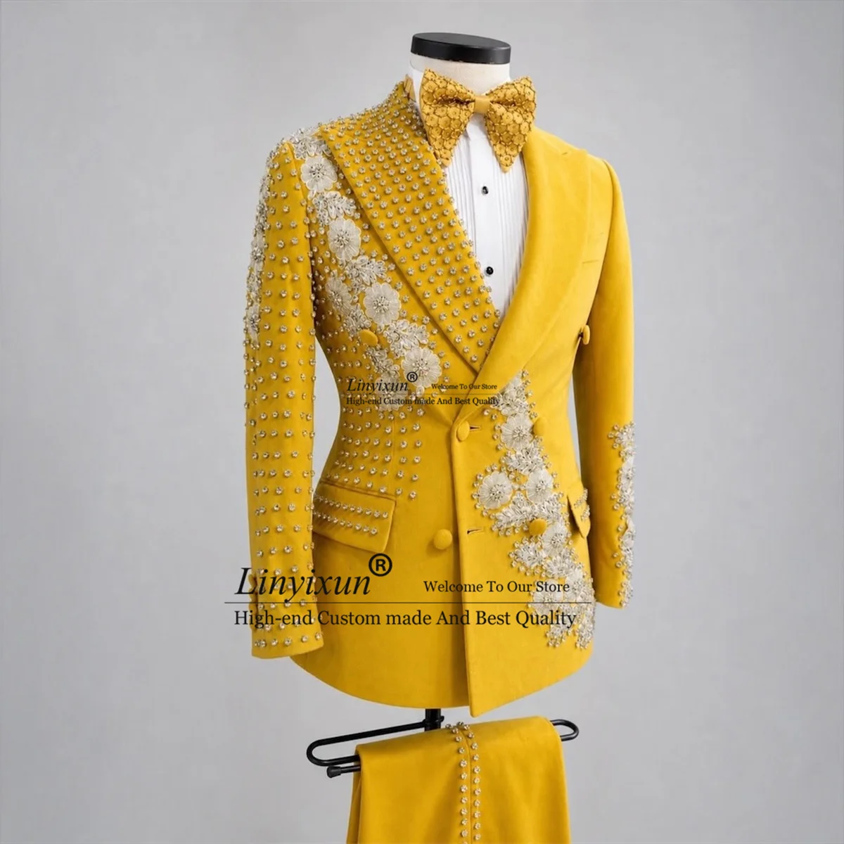 Fashion 3D Floars Men Suits With Diamond Beaded Groom Male Blazers 2 Pieces Sets Wedding Tuxedos Slim Fit ropa hombre Customized