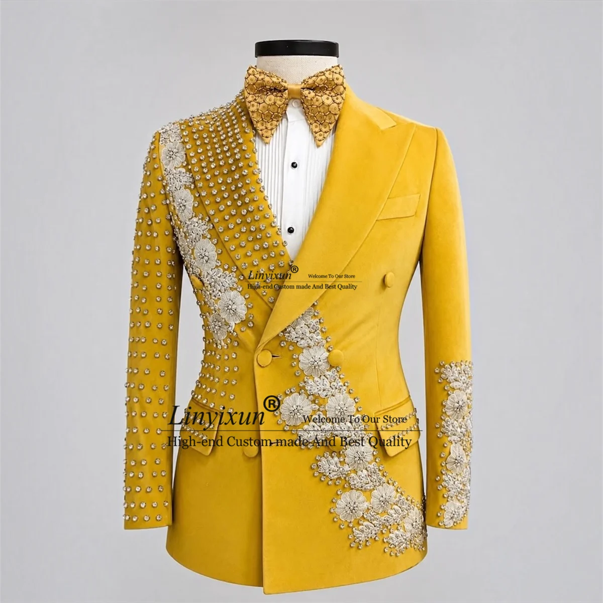 Fashion 3D Floars Men Suits With Diamond Beaded Groom Male Blazers 2 Pieces Sets Wedding Tuxedos Slim Fit ropa hombre Customized