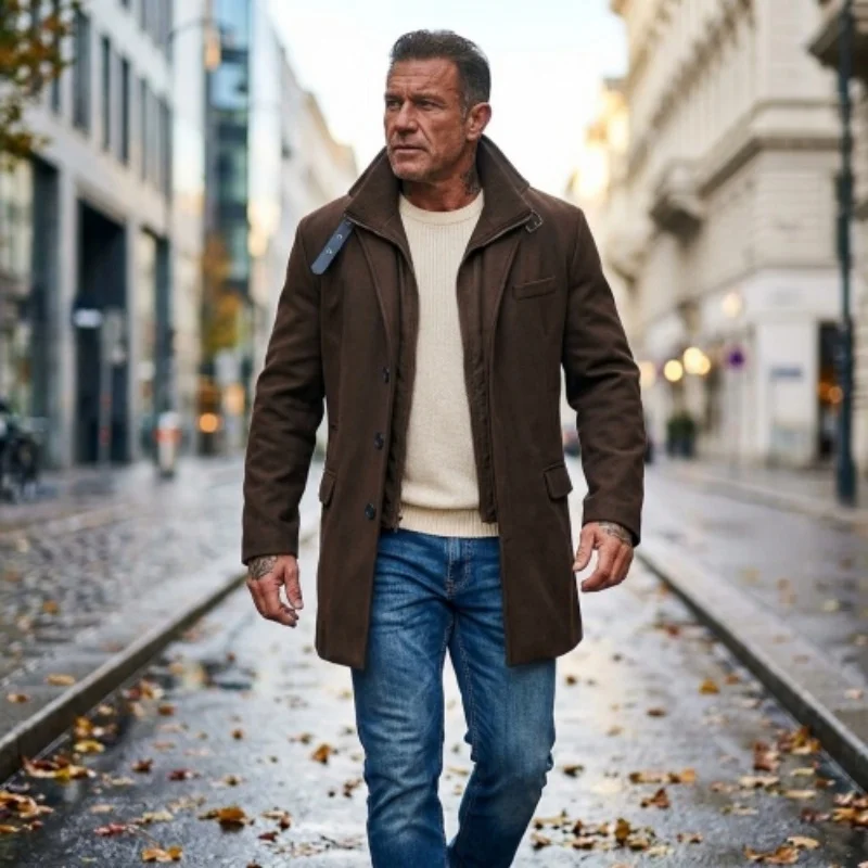 New Winter Men's Double-Layered Parka Long Warm Belted Jacket | Casual Streetwear Trench Coat | Windproof Zipper Coat for Men**