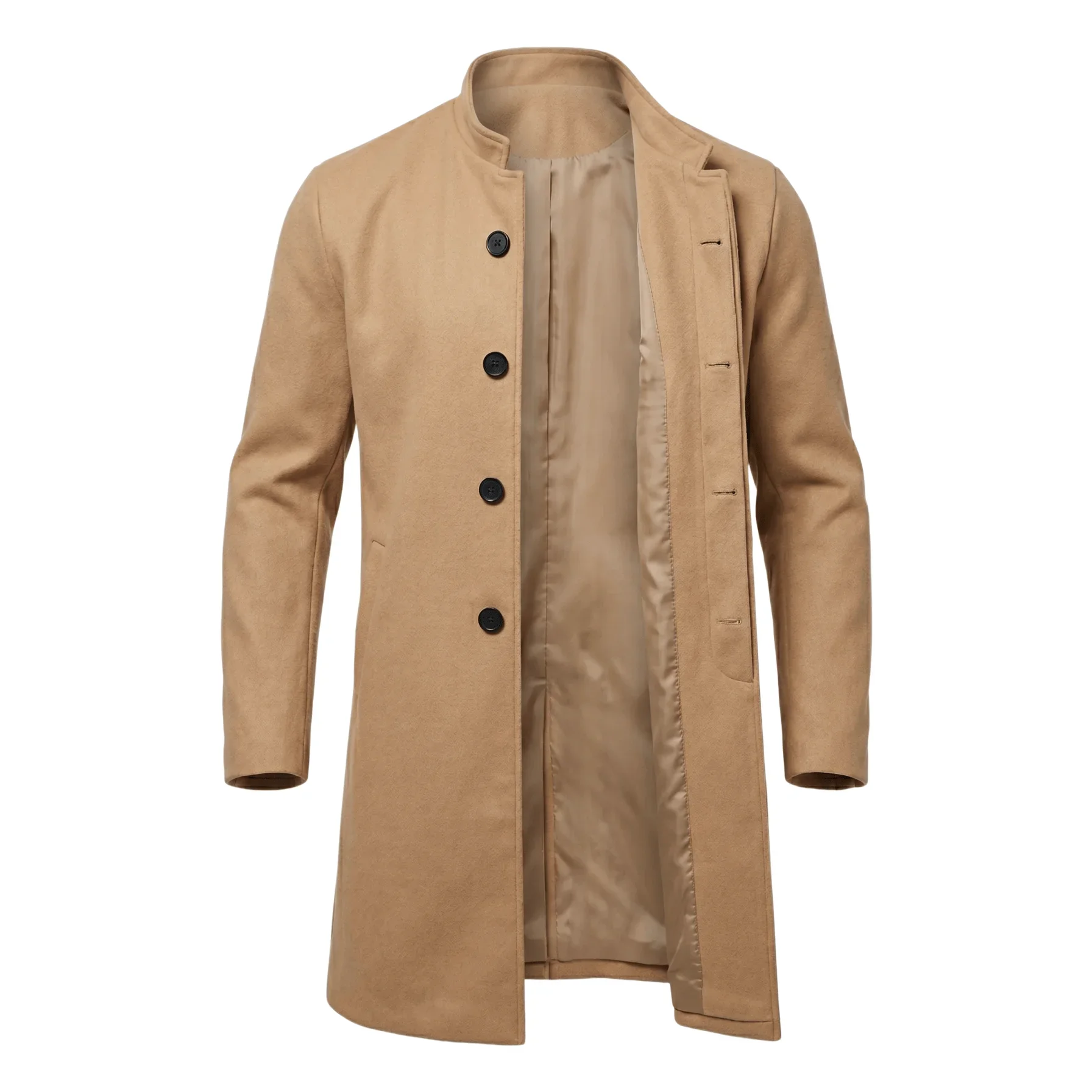 New Winter Men's Single-Breasted Invisible Button Trench Coat Knee-Length Fit Casual Streetwear Business-Appropriate Warm Jacket