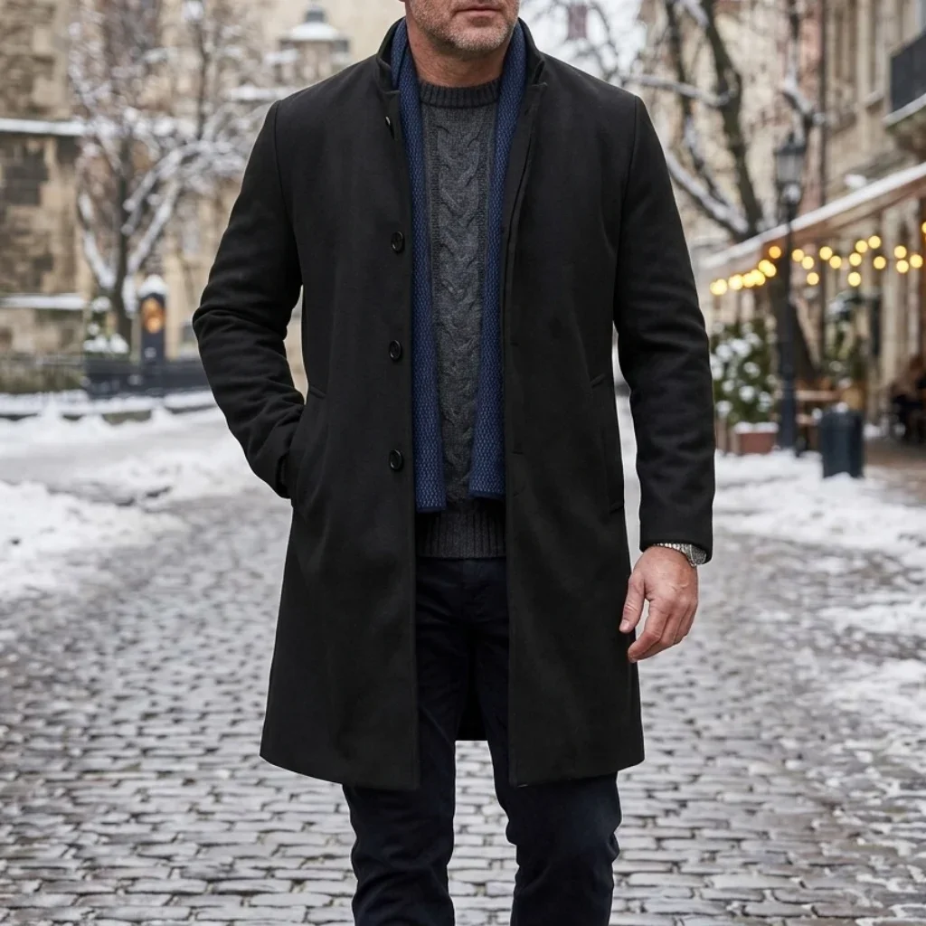 New Winter Men's Single-Breasted Invisible Button Trench Coat Knee-Length Fit Casual Streetwear Business-Appropriate Warm Jacket