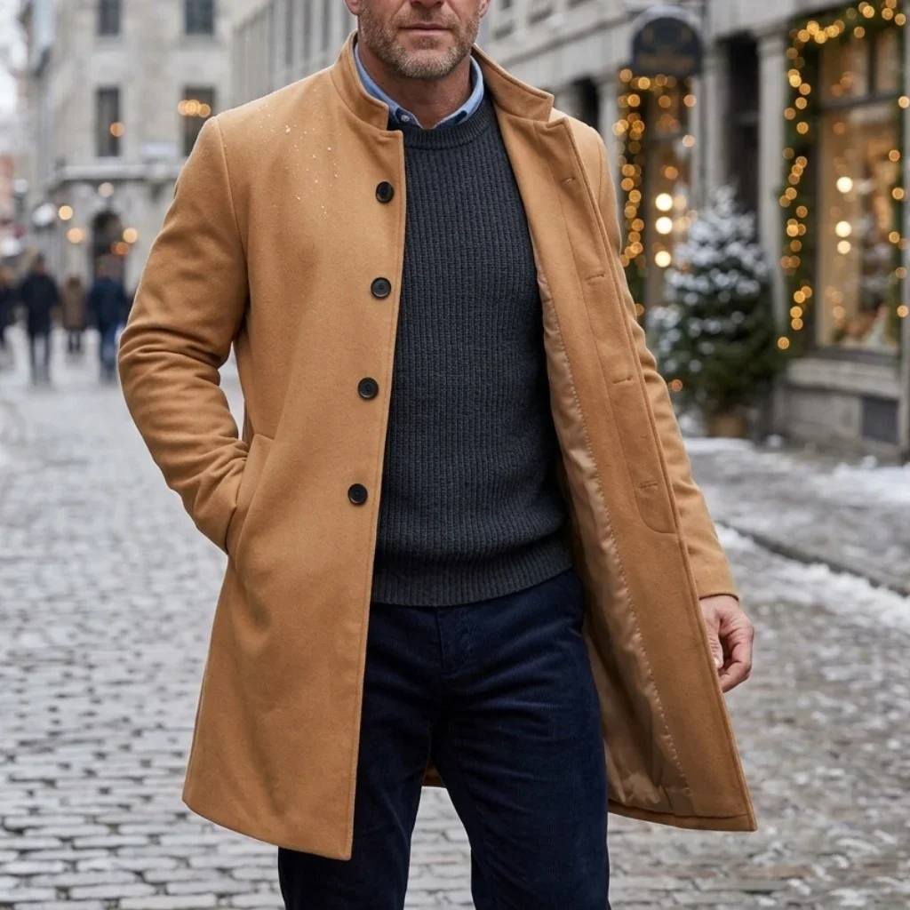 New Winter Men's Single-Breasted Invisible Button Trench Coat Knee-Length Fit Casual Streetwear Business-Appropriate Warm Jacket
