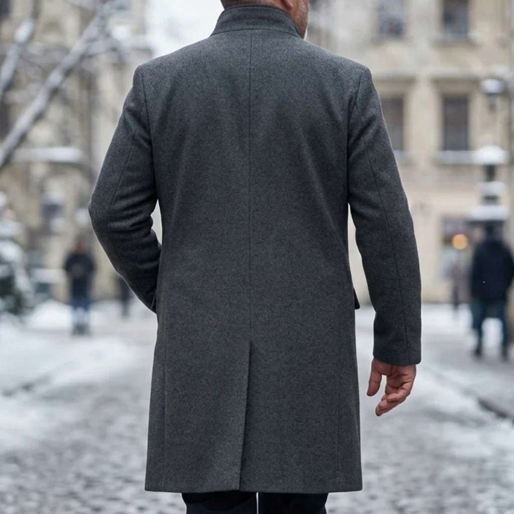 New Winter Men's Single-Breasted Invisible Button Trench Coat Knee-Length Fit Casual Streetwear Business-Appropriate Warm Jacket