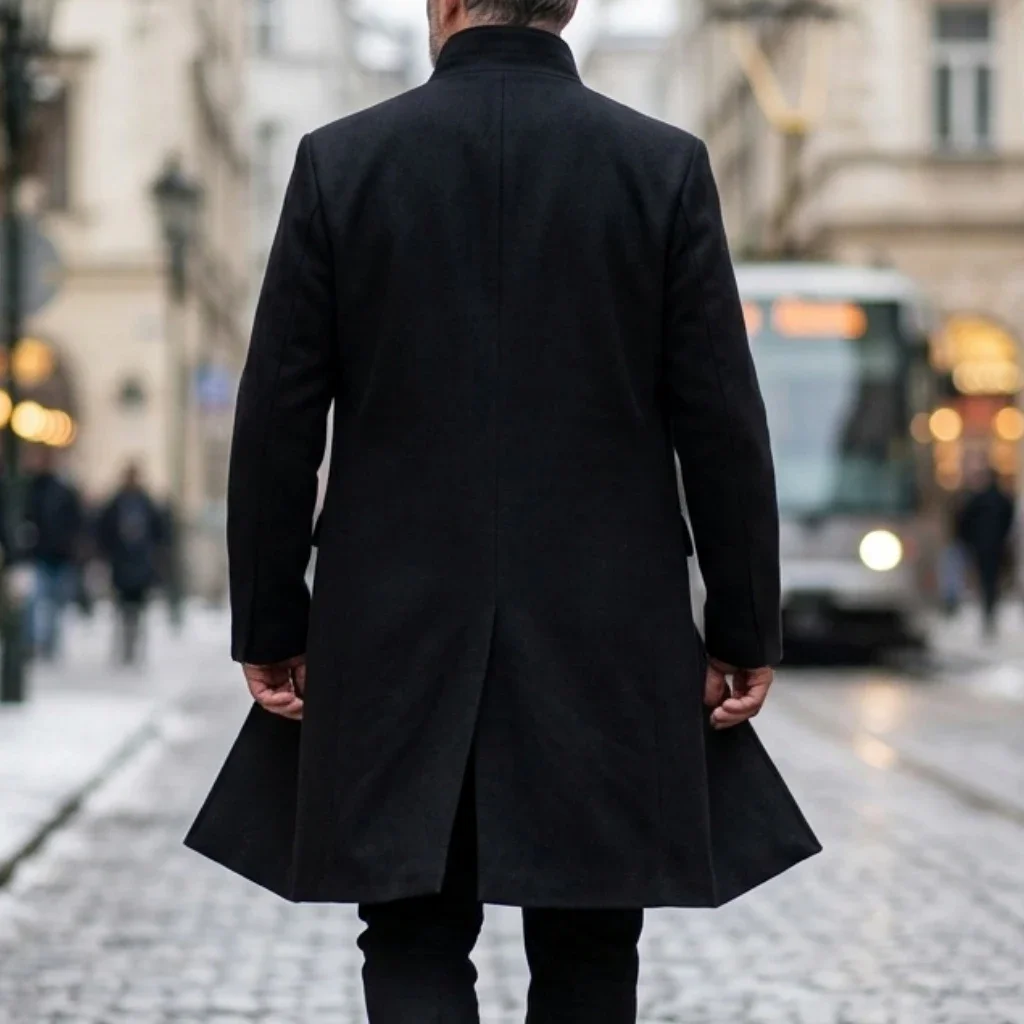 New Winter Men's Single-Breasted Invisible Button Trench Coat Knee-Length Fit Casual Streetwear Business-Appropriate Warm Jacket