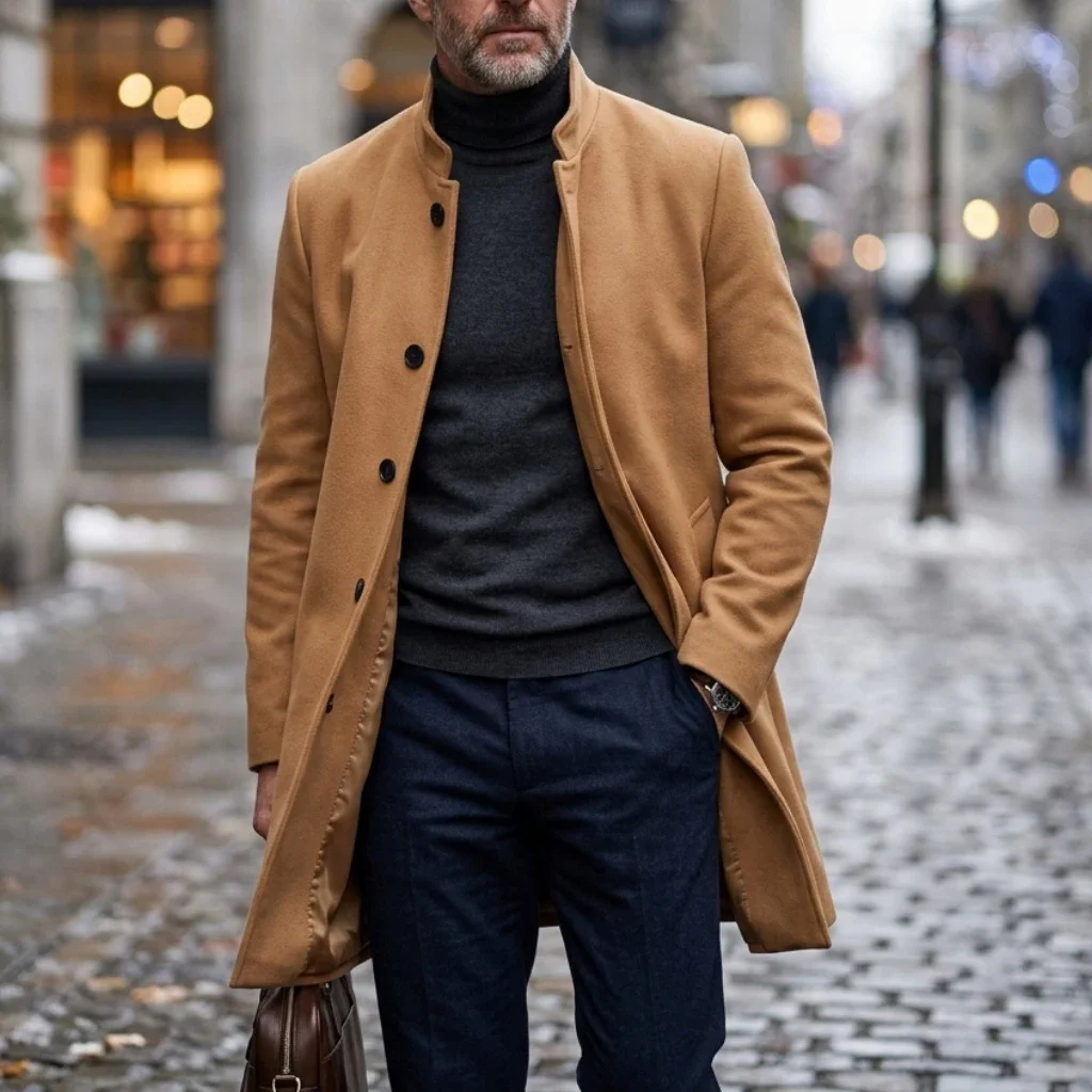 New Winter Men's Single-Breasted Invisible Button Trench Coat Knee-Length Fit Casual Streetwear Business-Appropriate Warm Jacket