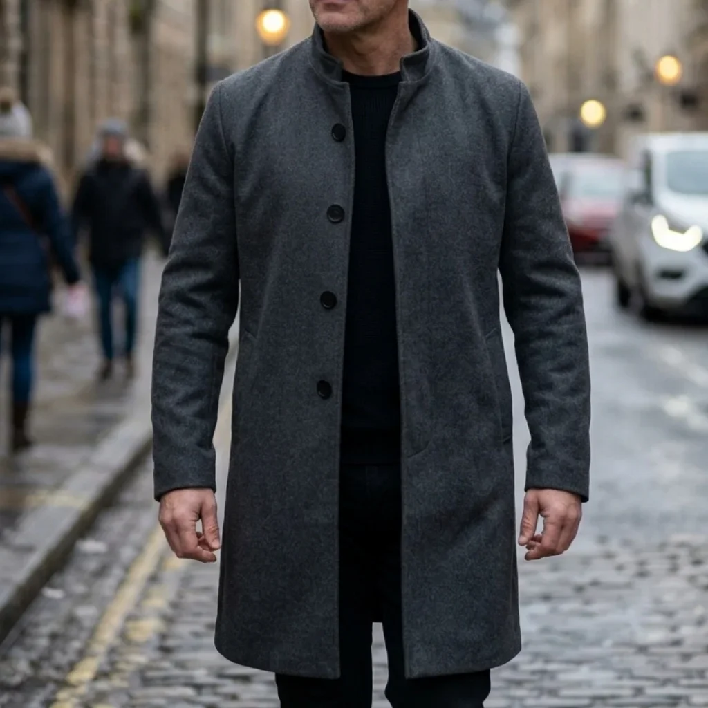 New Winter Men's Single-Breasted Invisible Button Trench Coat Knee-Length Fit Casual Streetwear Business-Appropriate Warm Jacket