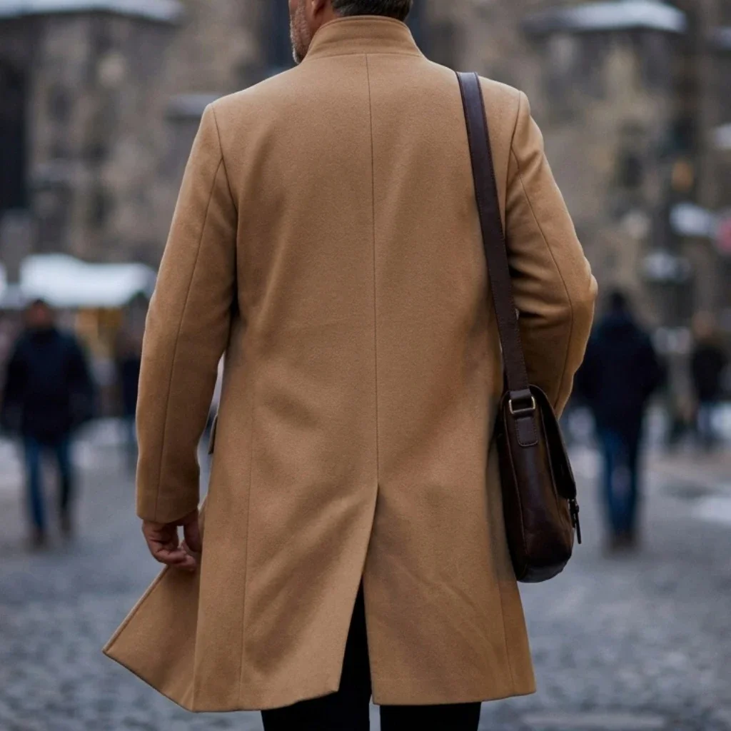 New Winter Men's Single-Breasted Invisible Button Trench Coat Knee-Length Fit Casual Streetwear Business-Appropriate Warm Jacket