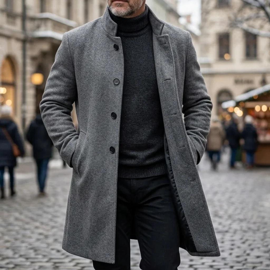 New Winter Men's Single-Breasted Invisible Button Trench Coat Knee-Length Fit Casual Streetwear Business-Appropriate Warm Jacket