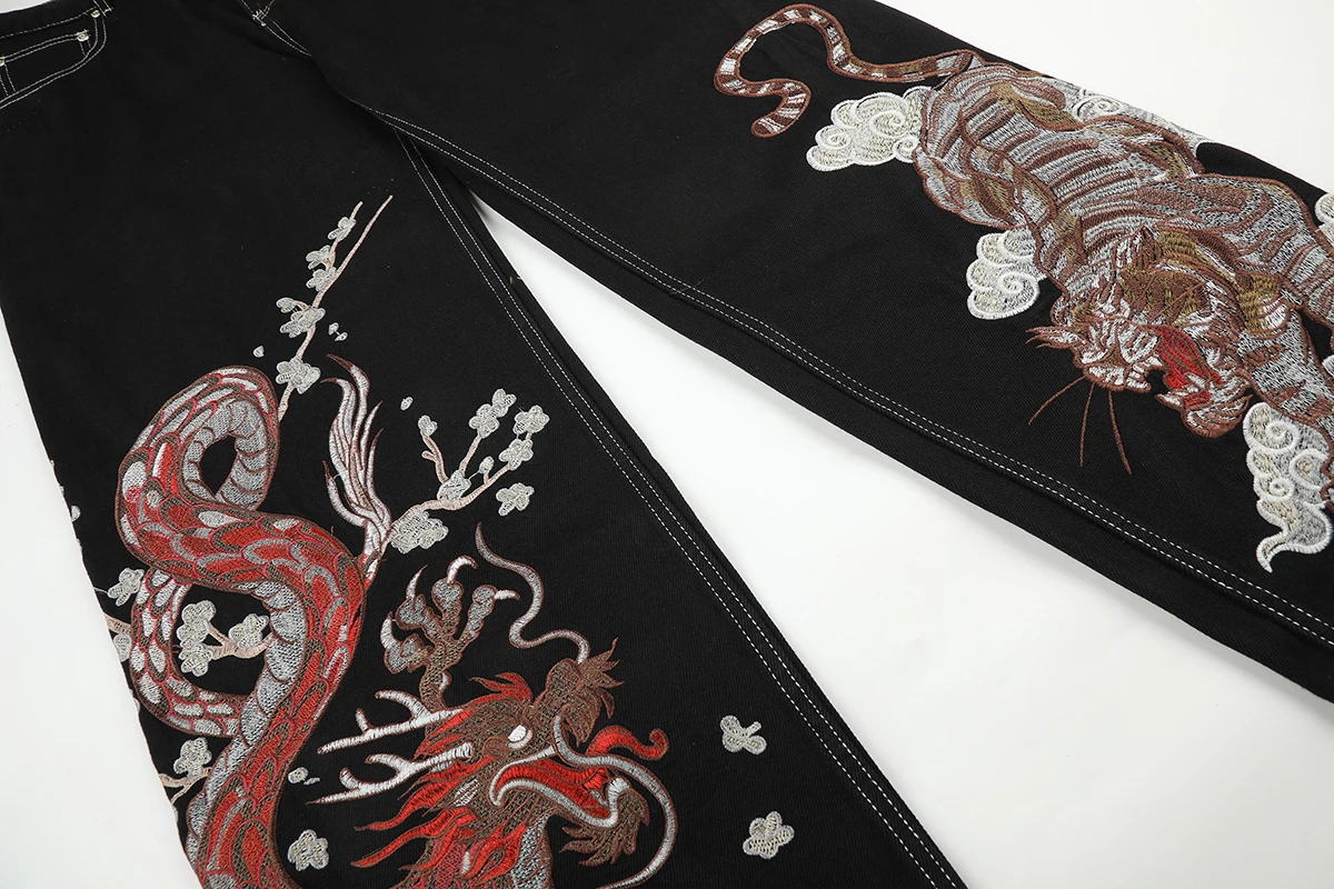 High Street Tiger Dragon Embroidery Baggy Jeans Pants for Men and Women Pantalones Hombre Straight Denim Trousers Oversized