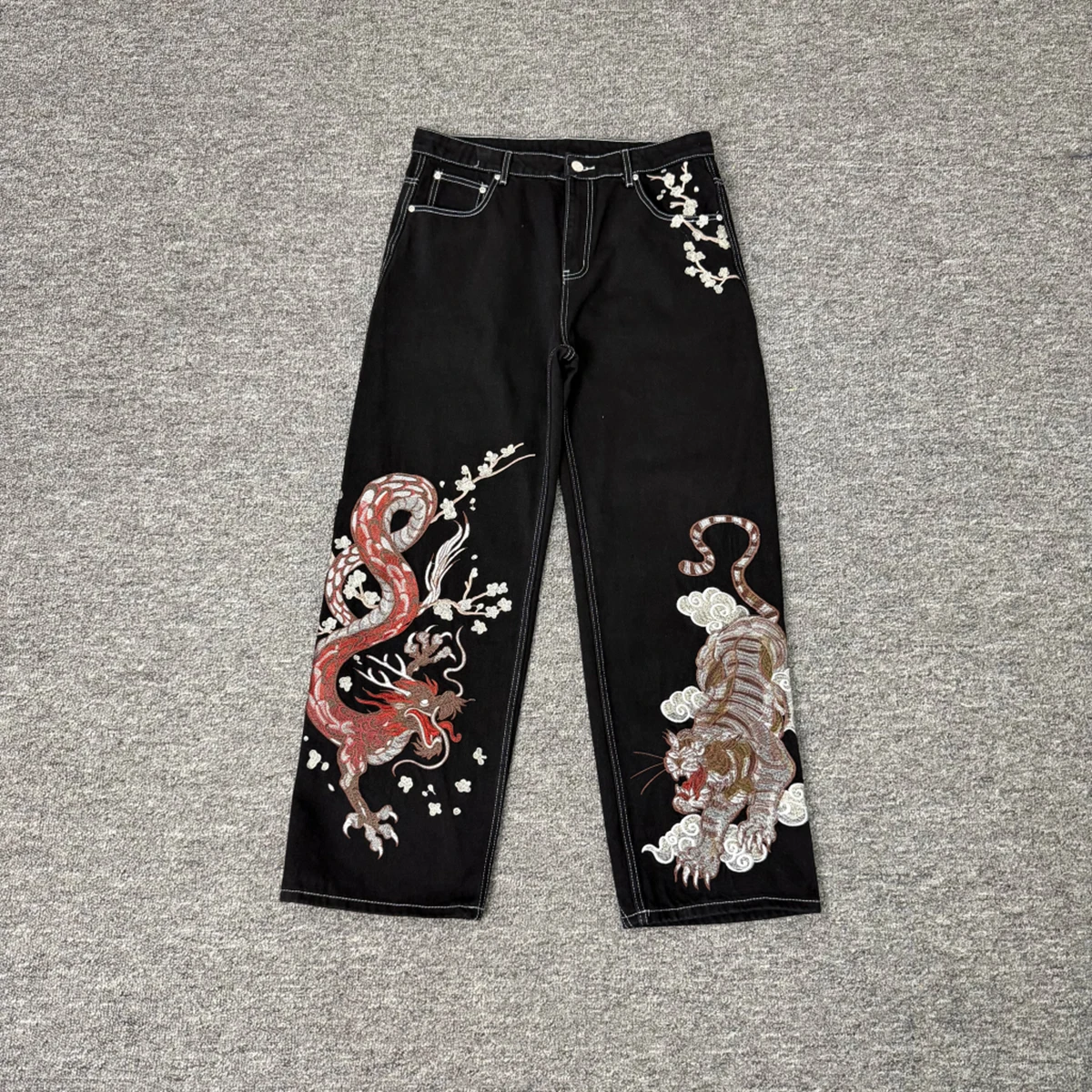 High Street Tiger Dragon Embroidery Baggy Jeans Pants for Men and Women Pantalones Hombre Straight Denim Trousers Oversized