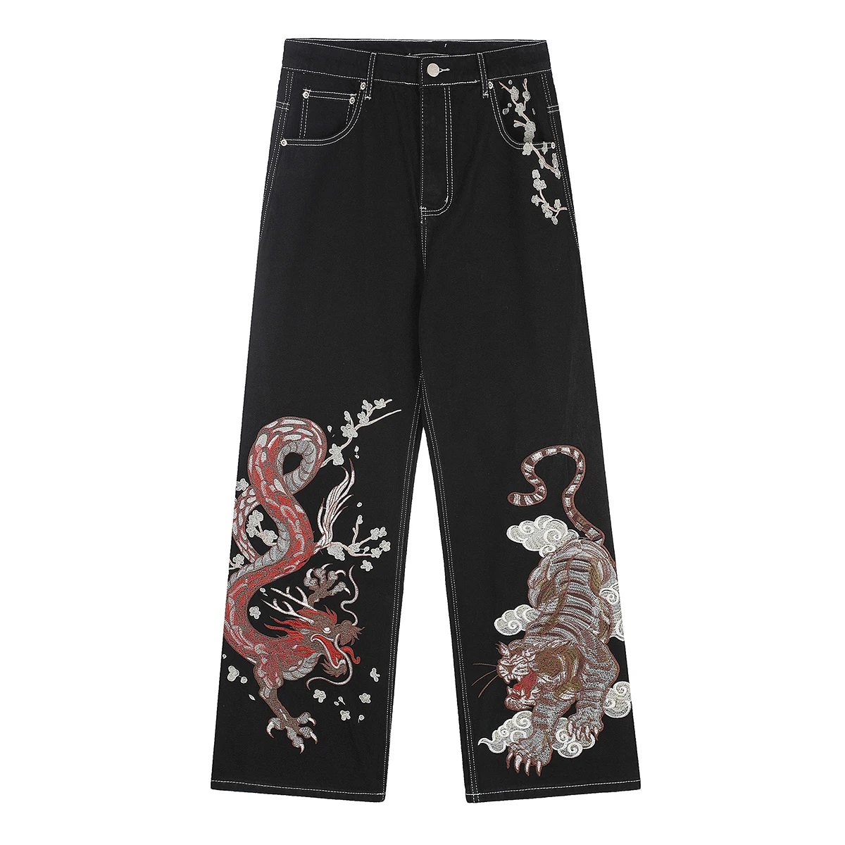 High Street Tiger Dragon Embroidery Baggy Jeans Pants for Men and Women Pantalones Hombre Straight Denim Trousers Oversized