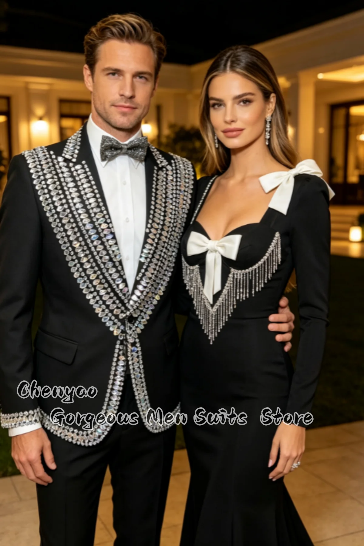 Luxury Rhinestone Crystal Beaded Men Suits Formal Slim Fit Groom Tuxedos Customized Party Male Blazers 2 Pieces Ropa Hombre