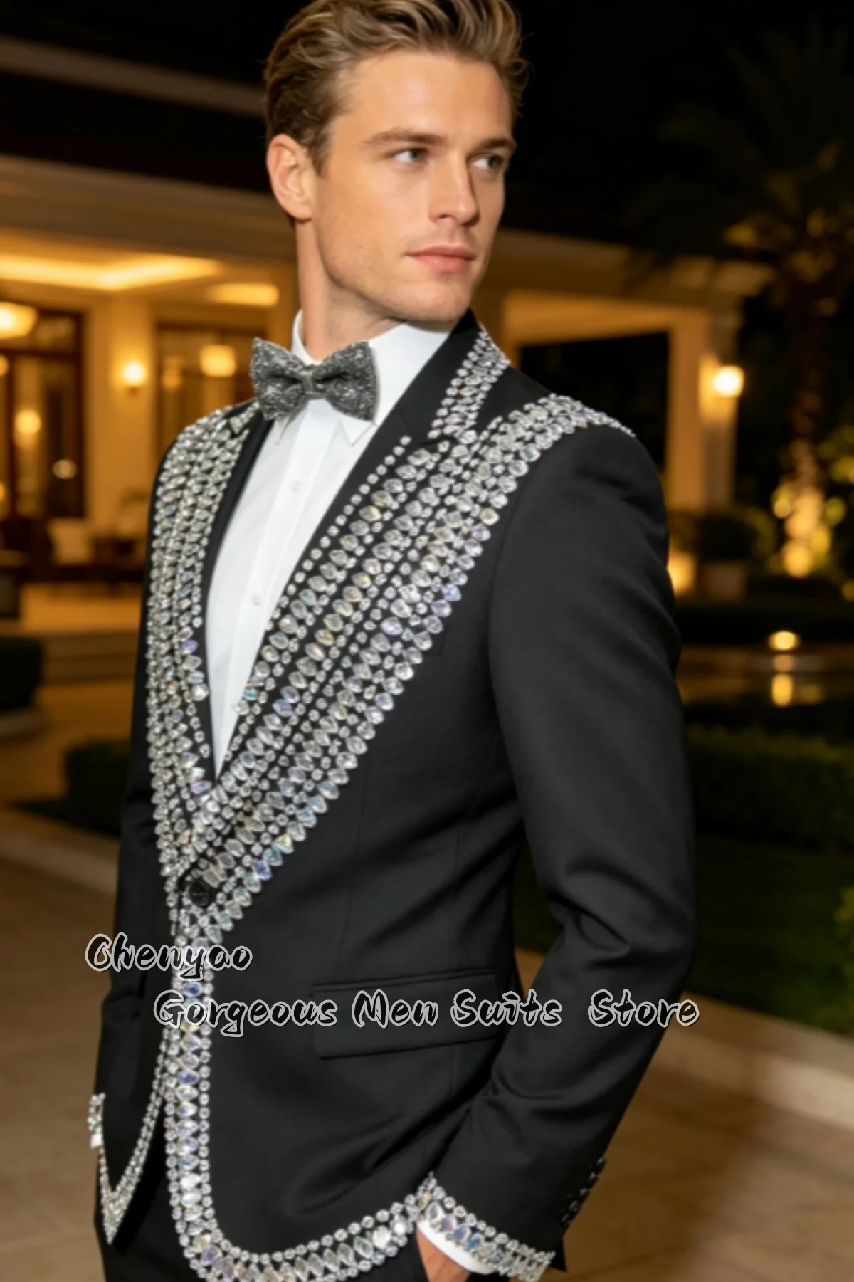 Luxury Rhinestone Crystal Beaded Men Suits Formal Slim Fit Groom Tuxedos Customized Party Male Blazers 2 Pieces Ropa Hombre