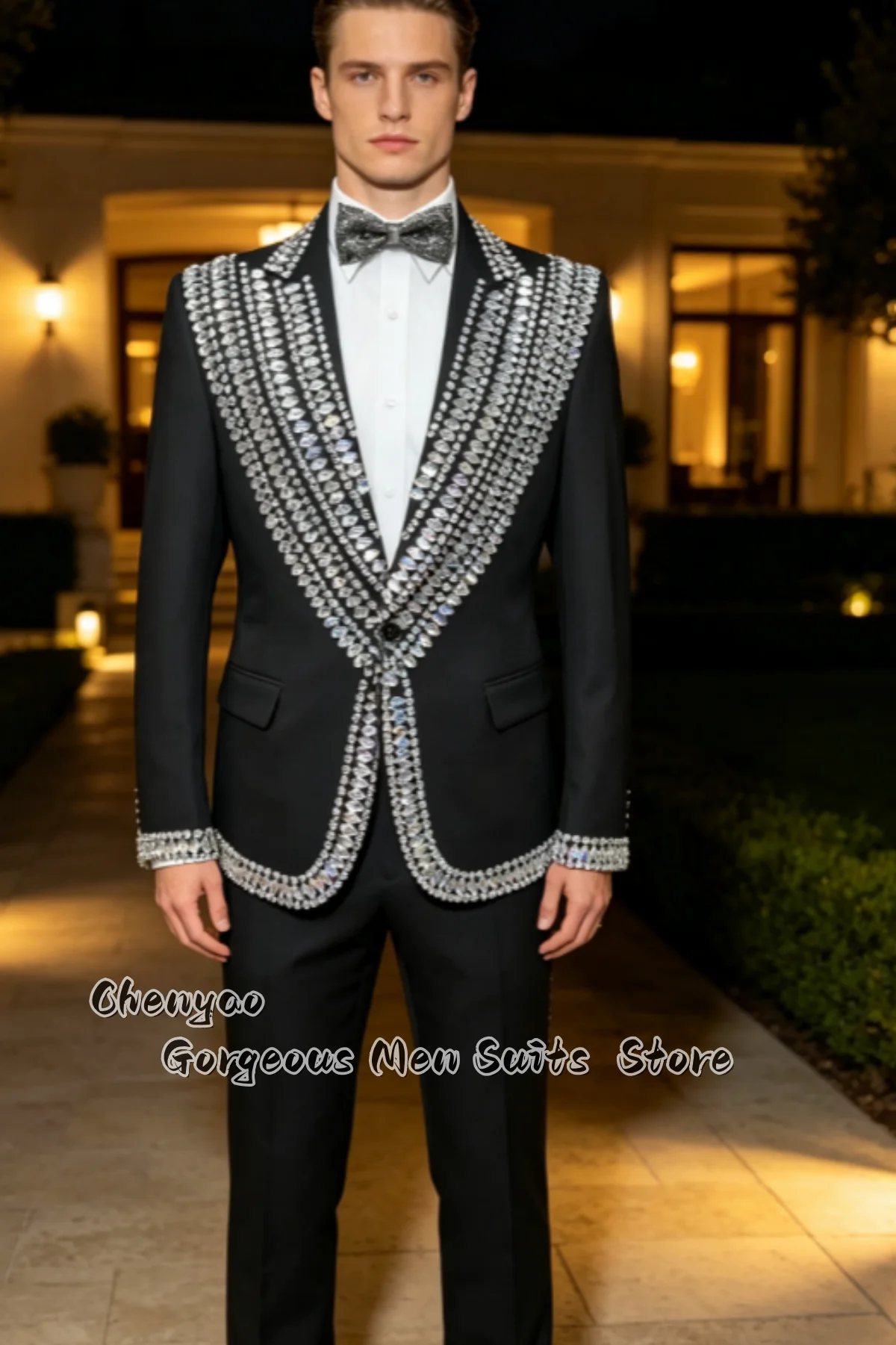 Luxury Rhinestone Crystal Beaded Men Suits Formal Slim Fit Groom Tuxedos Customized Party Male Blazers 2 Pieces Ropa Hombre