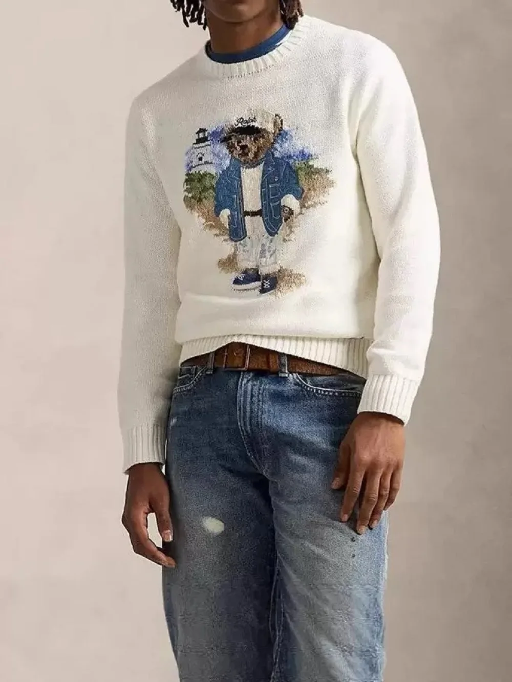 Cartoon Cowboy Men Women Autumn and Winter Christmas Sweater Embroidery Bear Long Sleeve Knitted Pullover Couples Cotton Jumper