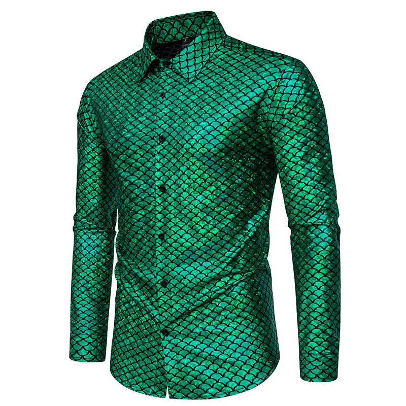 2024 New Glossy Fish Scales Green Mens Sequin Shirt Gold Bronzing Steampunk Nightclub Stage Party Dress Long Sleeve Top Men