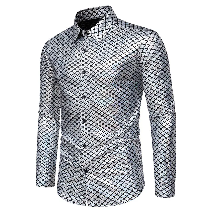 2024 New Glossy Fish Scales Green Mens Sequin Shirt Gold Bronzing Steampunk Nightclub Stage Party Dress Long Sleeve Top Men