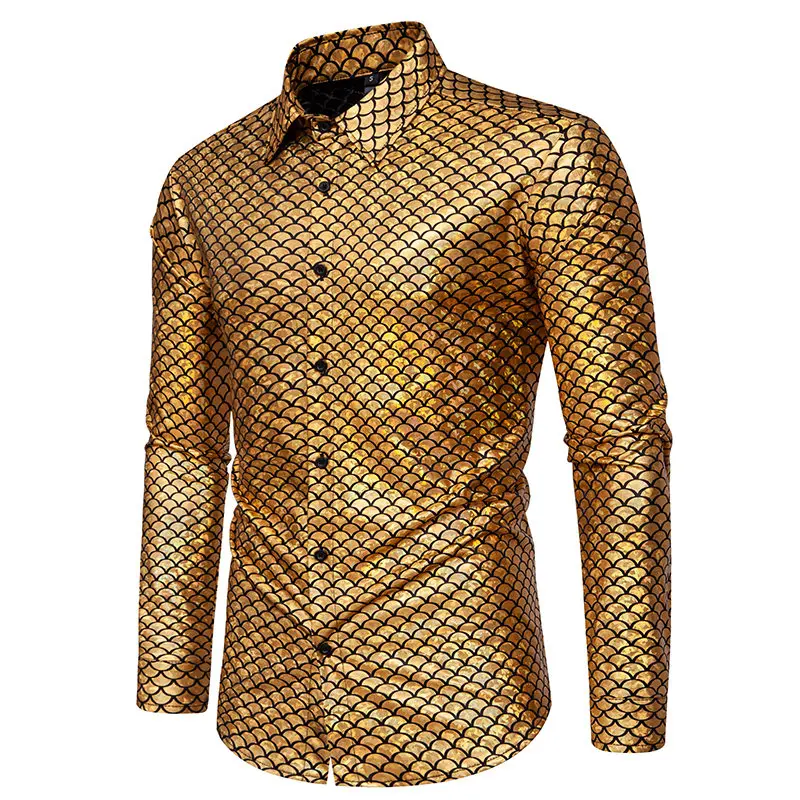 2024 New Glossy Fish Scales Green Mens Sequin Shirt Gold Bronzing Steampunk Nightclub Stage Party Dress Long Sleeve Top Men
