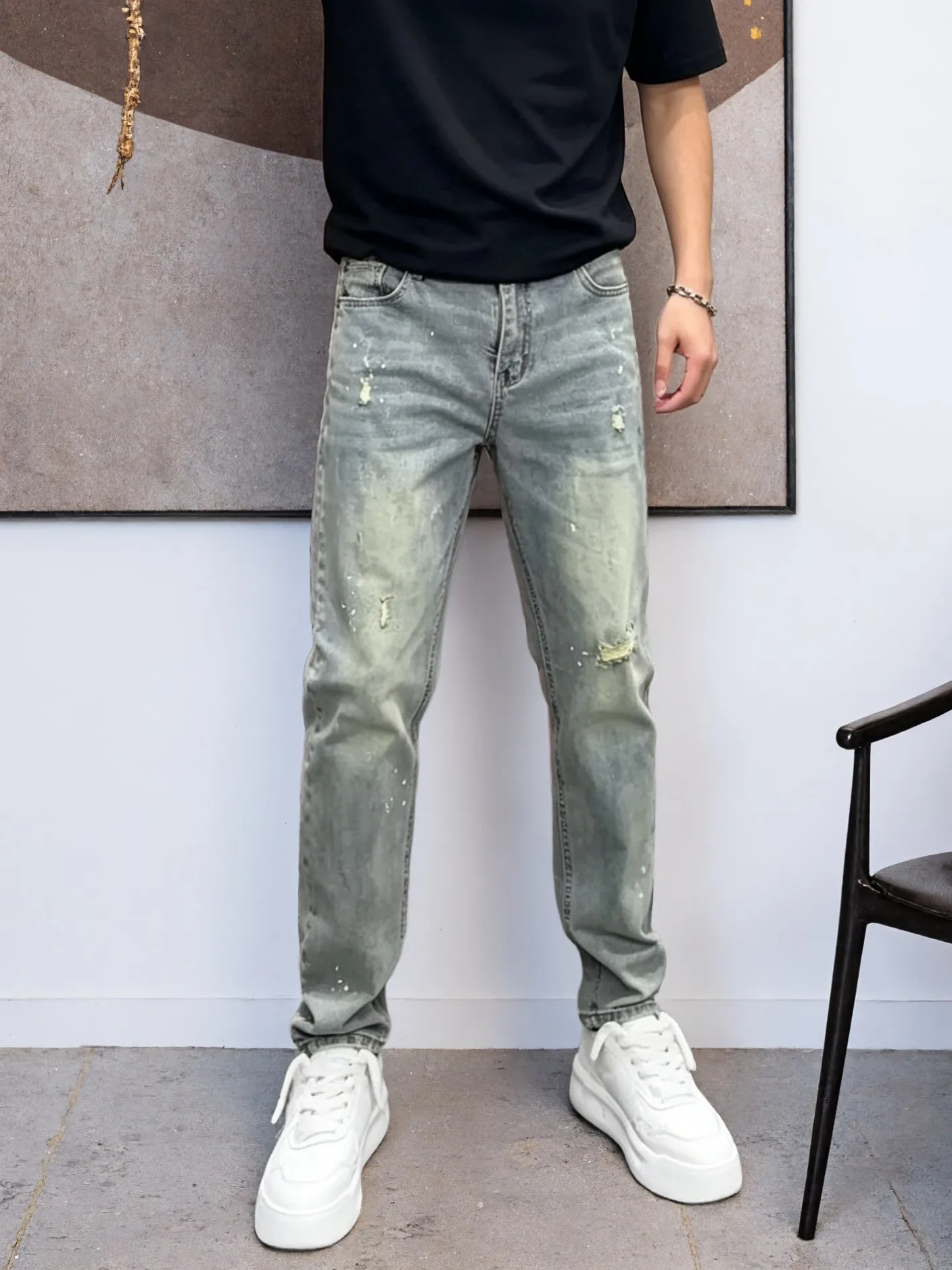 【HME】Men's Jeans | Ripped Paint Splatter Denim Pants, Men Retro Faded Washed Denim Jeans, Relaxed Straight‑Fit Male Denim Trousers, Destroyed Frayed Details, Durable Denim Bottoms, Multi‑Pocket Casual Denim Wear For Male Daily Going‑Out